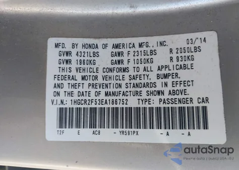 2014 Honda Accord Sport z USA, uszkodzony, nr VIN 1HGCR2F53EA186752